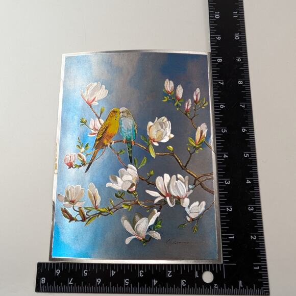 Foil Art Bird Lot Two (2) Signed F. Osborne Vintage B Parakeet Magnolias Floral2 - Picture 13 of 16